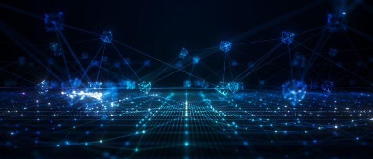 Background 3d rendering of blockchain network concept with digital cube rotation. Courtesy of Getty Images