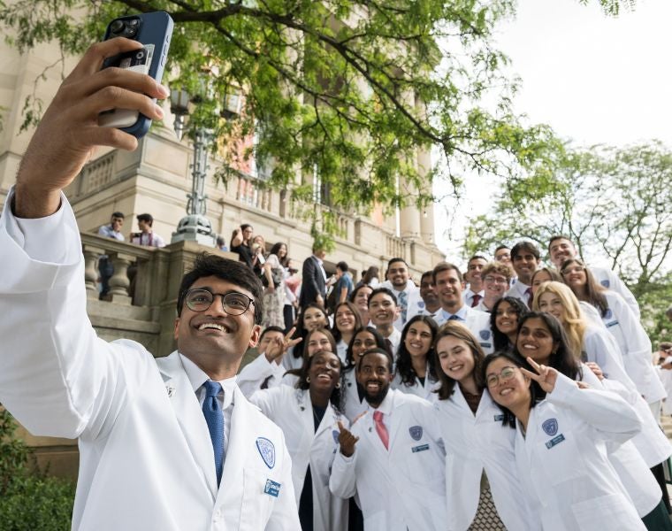 CWRU medical students take a selfie photo after CWRU's White Coat Ceremony